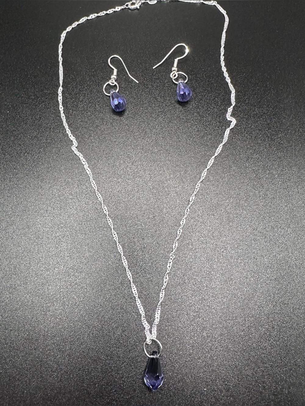 Handmade Purple Crystal Drop Necklace & Earrings Set 18” 925